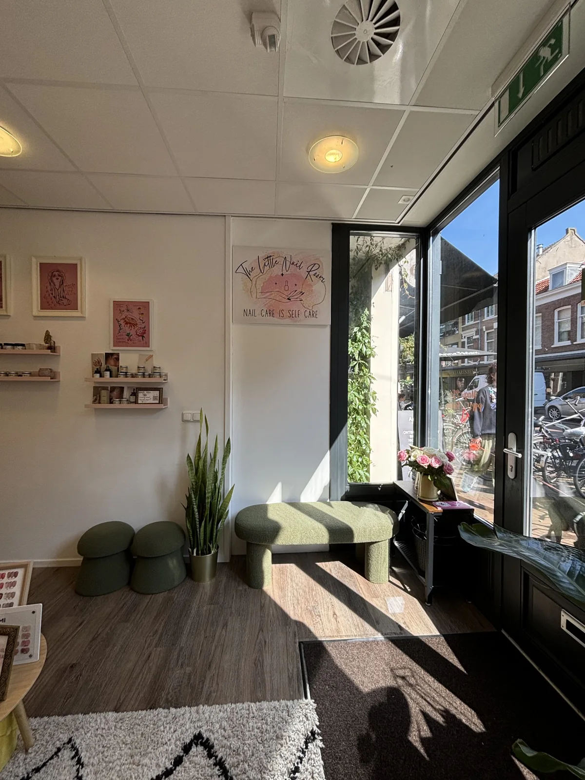 Sunlit seating area by the salon window